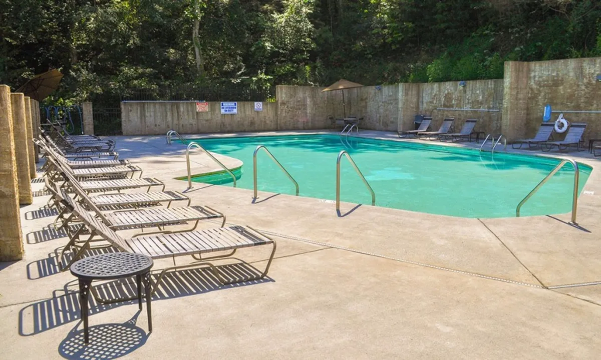 A sparkling community swimming pool surrounded by lounge chairs and lush greenery, inviting guests to swim, sunbathe, and socialize. The pool area feels relaxed and communal, ideal for group activities and resort-style leisure.